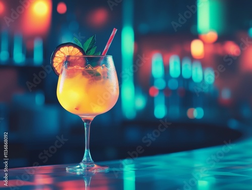 Two bright cocktails standing on bar counter in nightclub. Nightlife concept photo