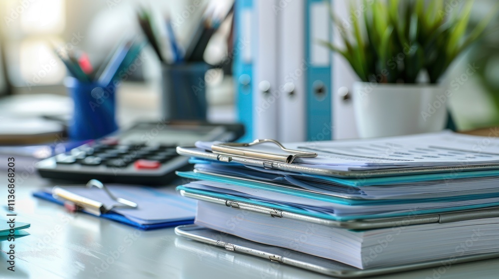Organized Workplace: Stack of Documents and Office Supplies Organized Workplace: Stack of Documents and Office Supplies