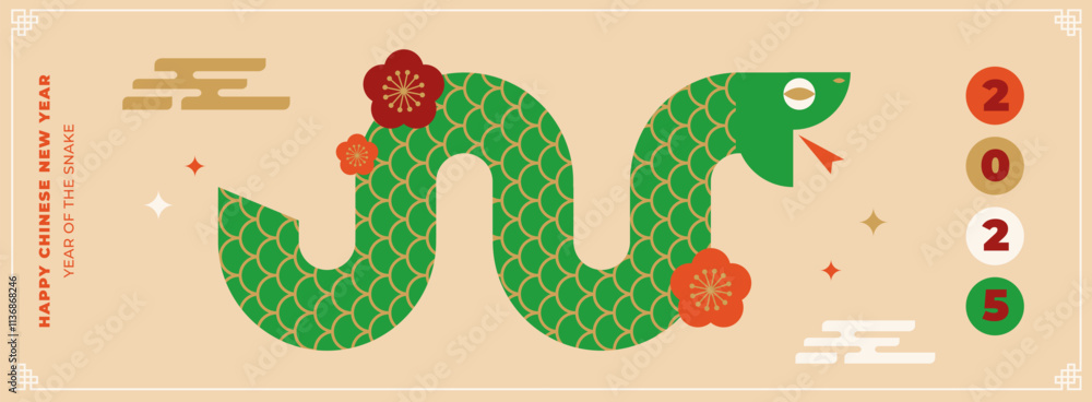 Obraz premium Adobe IllustratorChinese new year 2025 year of the Snake. Red Snake illustrations, wallpaper design, cards, banners. Traditional Chinese vector designs with snakes. Lunar new year concept, geo Artwork