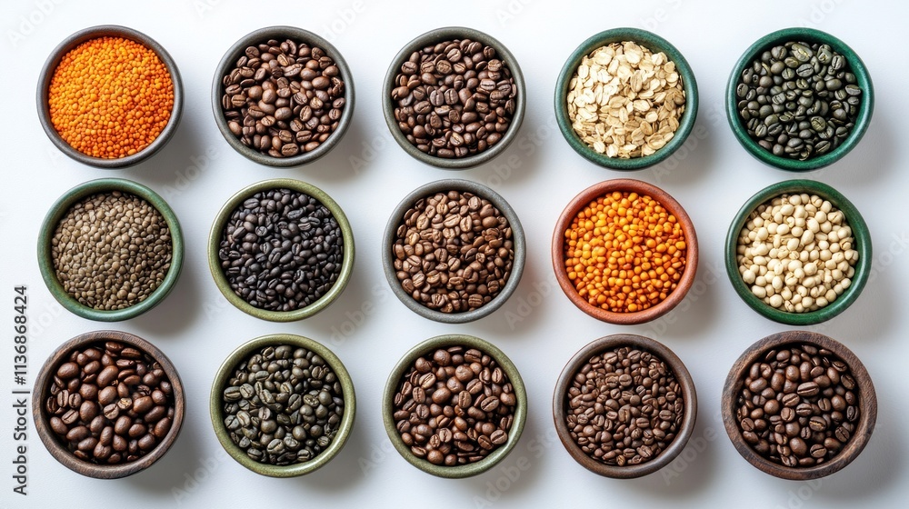Assortment of Coffee Beans, Lentils, Oats, and Grains in Bowls Assortment of Coffee Beans, Lentils, Oats, and Grains in Bowls