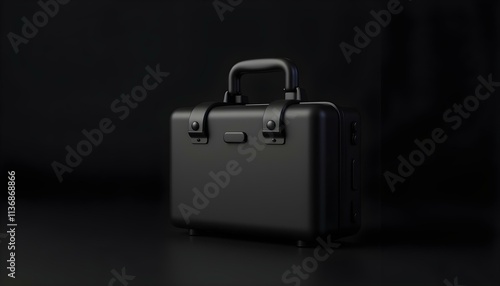 3D render of a shiny black business suitcase with detailed textures and reflections, isolated on a completely black background create with ai
