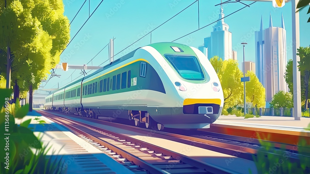 Naklejka premium High-speed modern passenger train moves quickly through the city. Ecological transport