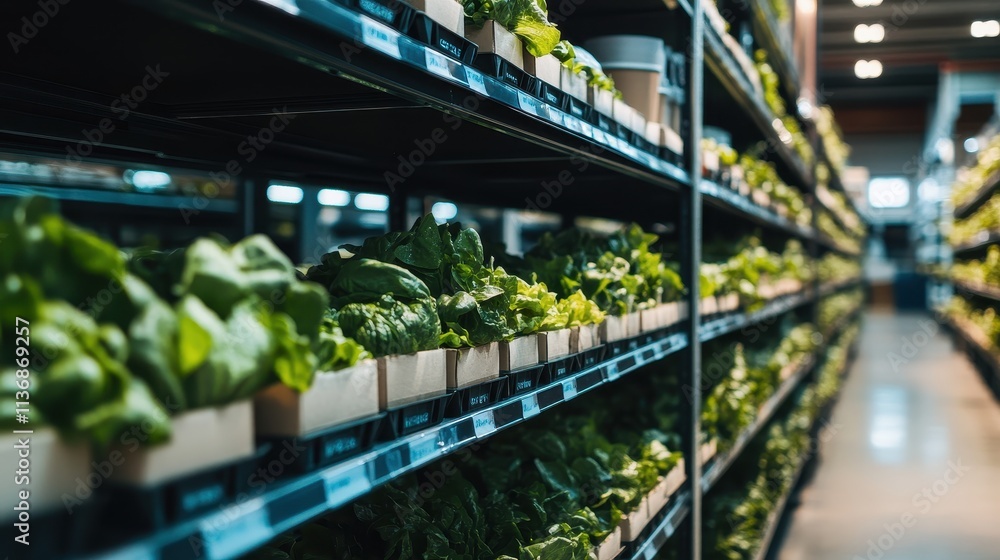 Fototapeta premium Lush Indoor Farming with Innovative Vertical Hydroponic System in Warehouse Setting