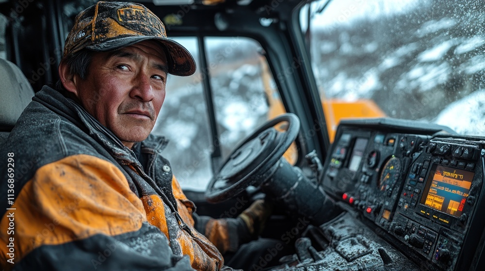 Obraz premium A worker in a snowy environment operates heavy machinery, showcasing resilience and focus.