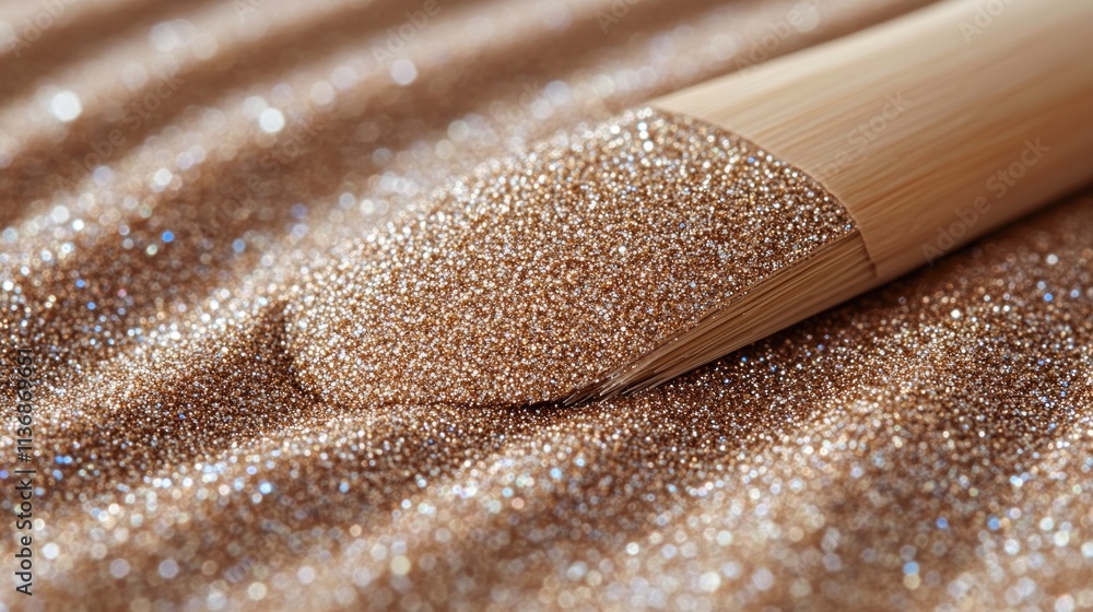 Fine golden particles shimmer on a textured surface, accentuated by a wooden applicator tool nearby Fine golden particles shimmer on a textured surface, accentuated by a wooden applicator tool nearby