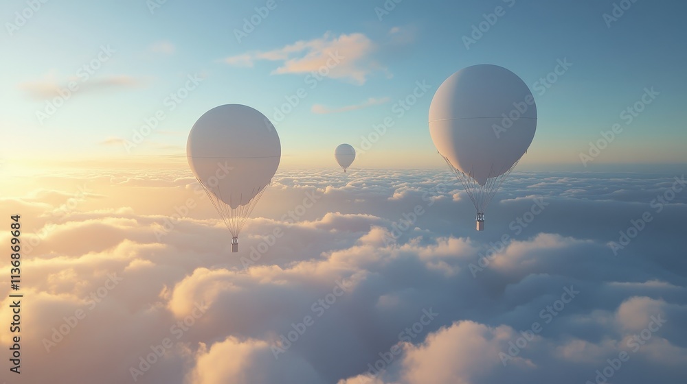 Peaceful Hot Air Balloons Floating in the Sky at Sunrise Over Soft Clouds Peaceful Hot Air Balloons Floating in the Sky at Sunrise Over Soft Clouds