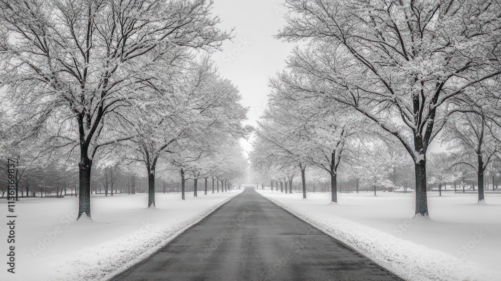 Snowy Road, Winter Wonderland: A Serene Black and White Landscape Snowy Road, Winter Wonderland: A Serene Black and White Landscape