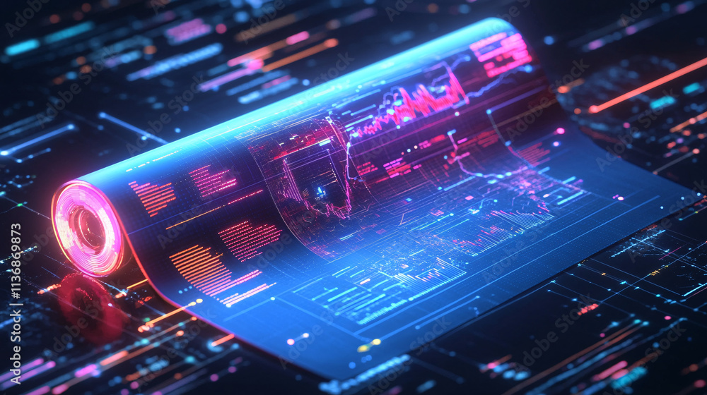 A futuristic graduation scroll icon glowing with digital data charts, representing online degrees, digital certifications, and virtual learning. A futuristic graduation scroll icon glowing with digital data charts, representing online degrees, digital certifications, and virtual learning.
