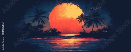 Tropical sunset with palm trees by the ocean in vibrant colors