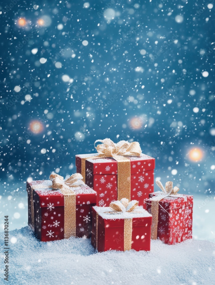 Festive gift boxes stacked in the snow during a serene winter snowfall Festive gift boxes stacked in the snow during a serene winter snowfall