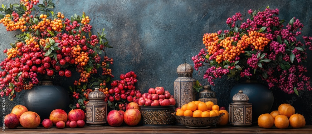 A vibrant display of fruits and flowers in decorative vessels against a textured backdrop. A vibrant display of fruits and flowers in decorative vessels against a textured backdrop.