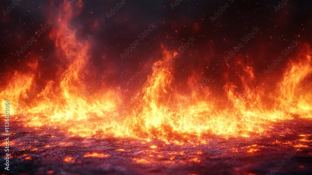 Flickering flames stretch across a dark landscape, radiating warmth and intensity as sparks fly Flickering flames stretch across a dark landscape, radiating warmth and intensity as sparks fly