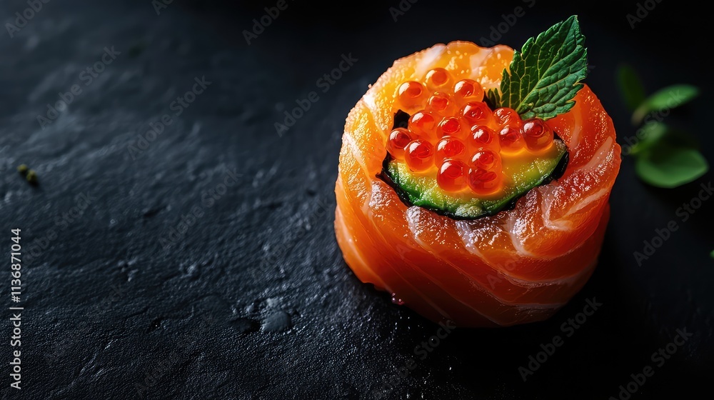 Vibrant Salmon Avocado Caviar Sushi Roll on Black Background Vibrant Salmon Avocado Caviar Sushi Roll on Black Background