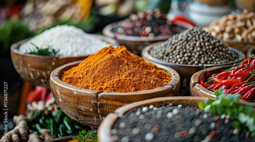 Fototapeta premium A vibrant display of spices in bowls, showcasing colors and textures for culinary use.