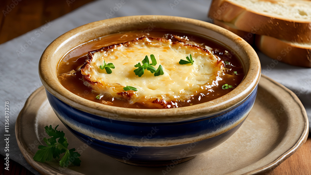 A classic French onion soup topped with melted cheese and toasted bread, garnished with fresh herbs, served in a rustic ceramic bowl.
A classic French onion soup topped with melted cheese and toasted bread, garnished with fresh herbs, served in a rustic ceramic bowl.