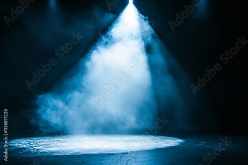 A smokey stage, dark, smokey, misty, mist, smoke, spotlight, smoke, spotlights, light, lightning, lights, effect, fog, dramatic, black, space, generative ai, bright, room, performith spotlights	
