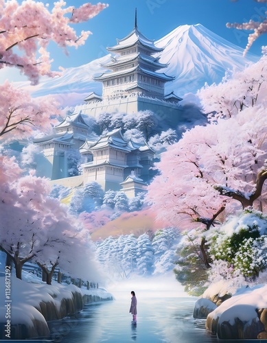 Winter anime collage featuring icy castles and blooming cherry blossoms in a serene pastel landscape. Generative AI