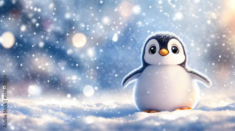 A Cute Cartoon Penguin Waddling Through Snow with a Playful Expression Surrounded by Colorful Bokeh and Falling Snowflakes A Cute Cartoon Penguin Waddling Through Snow with a Playful Expression Surrounded by Colorful Bokeh and Falling Snowflakes