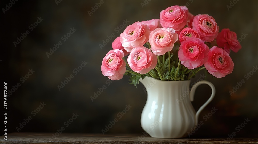 Low Light Photography of Pink Ranunculus in White Pitcher Low Light Photography of Pink Ranunculus in White Pitcher