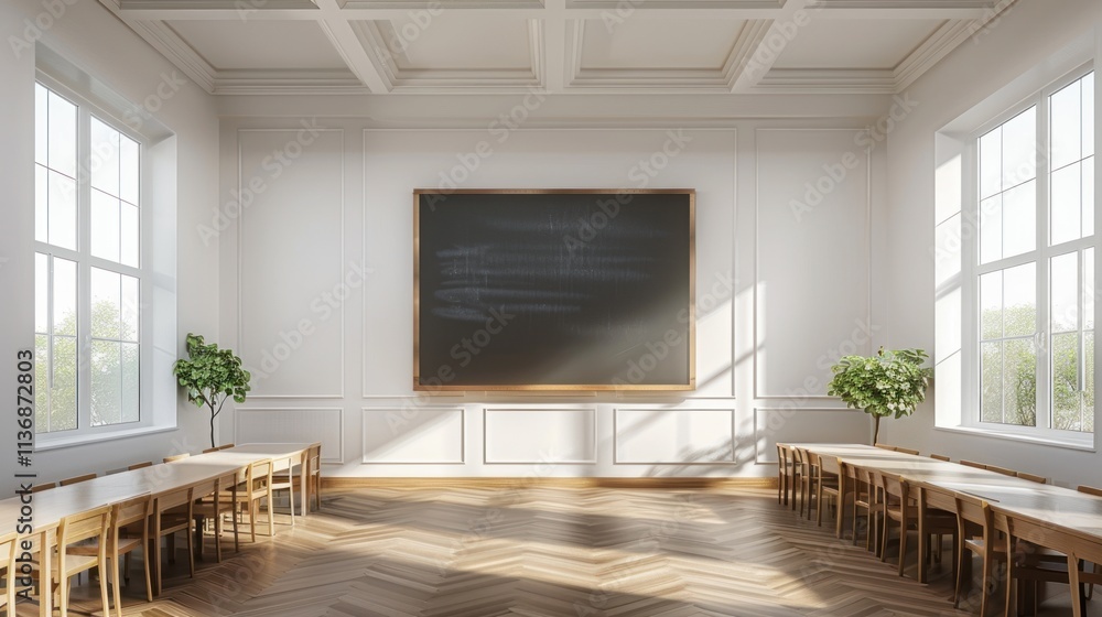 Serene Classroom: Sunlight Illuminates a Classic Schoolroom with a Large Blackboard and Wooden Desks Serene Classroom: Sunlight Illuminates a Classic Schoolroom with a Large Blackboard and Wooden Desks