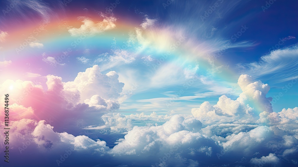 A bright rainbow stretched across the sky after the passing spring rain., A bright rainbow stretched across the sky after the passing spring rain.,