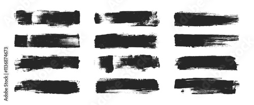Abstract Hand Drawn Grunge Style Black Ink Dry Brushstrokes Vector Set Isolated on White Background. Artistic Handdrawn Grungy Graphic Rough Brush Stroke Clipart Bundle. Paintbrush Design Element