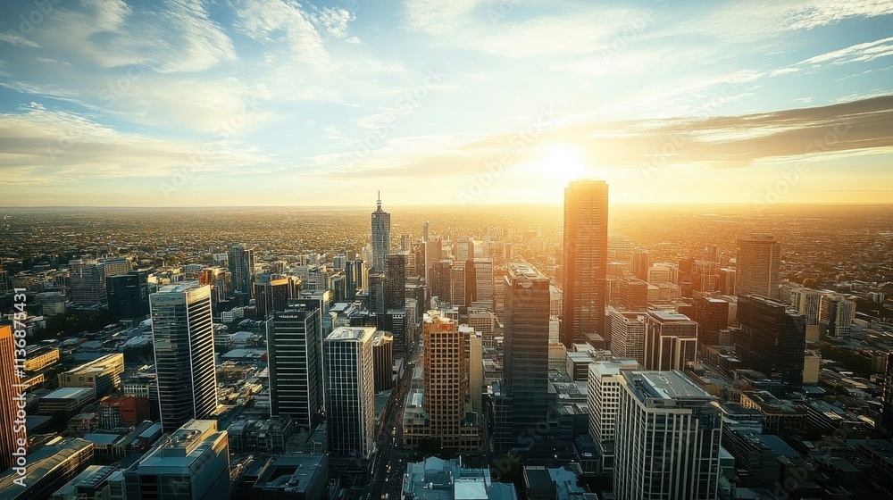 Breathtaking Cityscape at Sunset: A Panoramic View of Towering Skyscrapers Breathtaking Cityscape at Sunset: A Panoramic View of Towering Skyscrapers