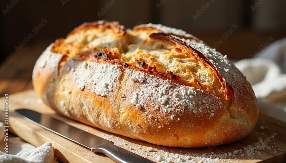 Homemade bread loaf with a crispy crust on a wooden cutting board in sunlight Homemade bread loaf with a crispy crust on a wooden cutting board in sunlight