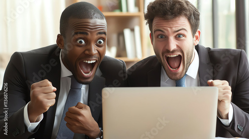 Colleague excitedly showing their bonus email on a laptop to another coworker, Bonus celebration, sharing success photo