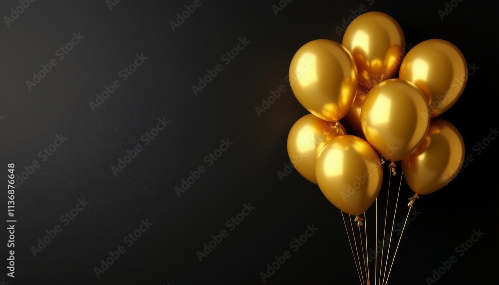 A stylish bunch of gold balloons floating against a sleek black wall background, arranged in an elegant cluster A stylish bunch of gold balloons floating against a sleek black wall background, arranged in an elegant cluster