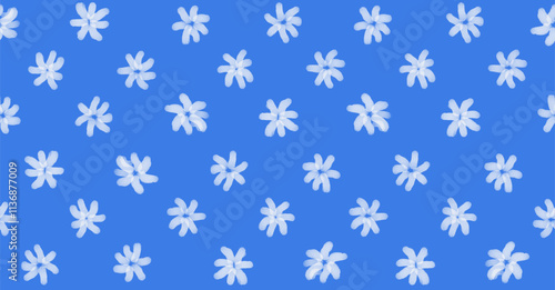 Abstract Blue Floral Seamless Vector Pattern. White Hand Drawn Irregular Brush Flowers on a Blue Background. Endless Print with Childish Abstract Drawing of Daisy Flowers. 