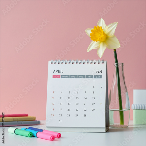 Generated imageA pink calendar with flowers, office supplies, and a notebook on a pink background, surrounded by blue stationery, set against a white background