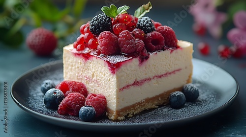 Delicious Cheesecake Slice Topped With Berries