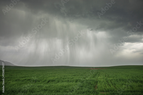 Green landscape with Cloudy Sky, Peaceful Scenic Landscape