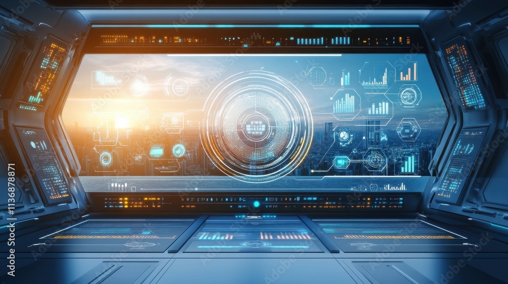 Fototapeta premium Futuristic Technological Control Panel with Digital Displays and Infographics