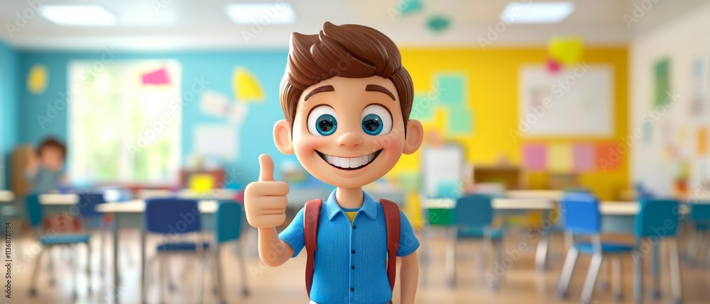 A cartoon boy is giving a thumbs up in a classroom A cartoon boy is giving a thumbs up in a classroom