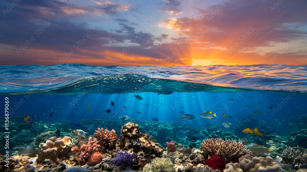 A photo of an underwater ocean with a sunset A photo of an underwater ocean with a sunset