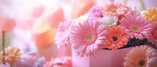 A detailed shot of a gift box with exquisite flowers, resting on a pink wooden table.