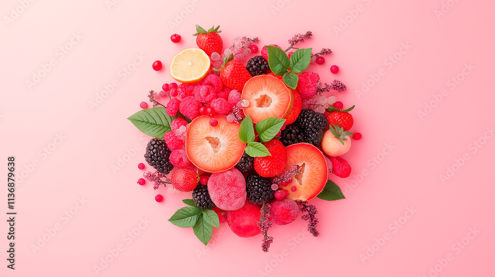 composition from fruits and berries on pink background, pastel colors, dessert composition from fruits and berries on pink background, pastel colors, dessert