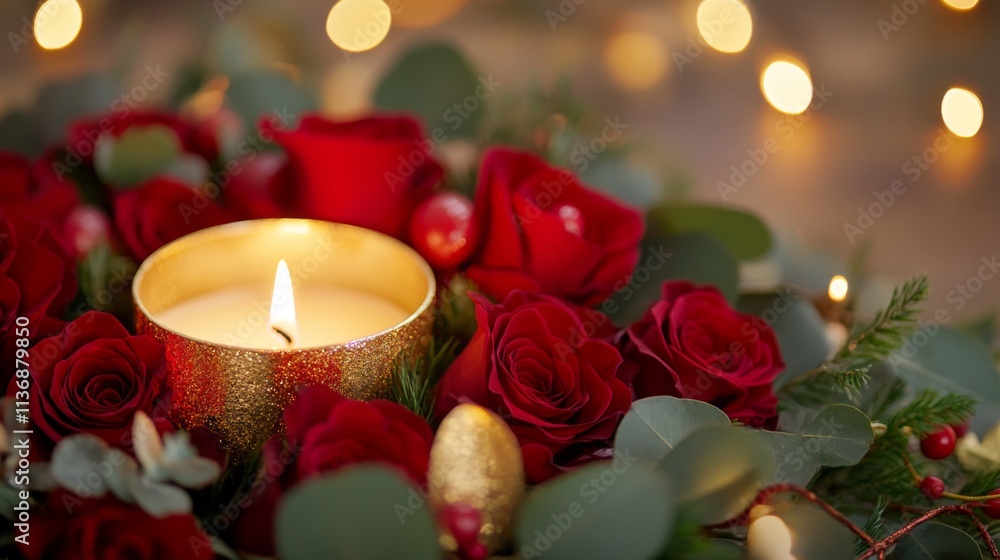 Elegant arrangement of red roses and a lit candle creates a festive ambiance for a joyful celebration Elegant arrangement of red roses and a lit candle creates a festive ambiance for a joyful celebration