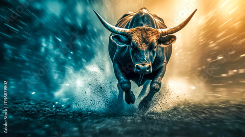 Powerful bull charging forward in dramatic scene photo