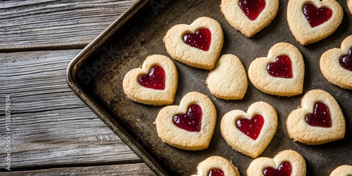 HeartShaped JamFilled Cookies are beautifully arranged on a rustic tray, making them perfect for elevating your Valentines Day celebrations and creating special moments with loved ones photo