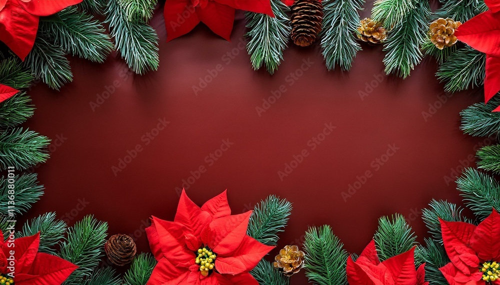 Generated image Christmas decoration. Frame of flowers of red poinsettia, branch christmas tree Generated image Christmas decoration. Frame of flowers of red poinsettia, branch christmas tree