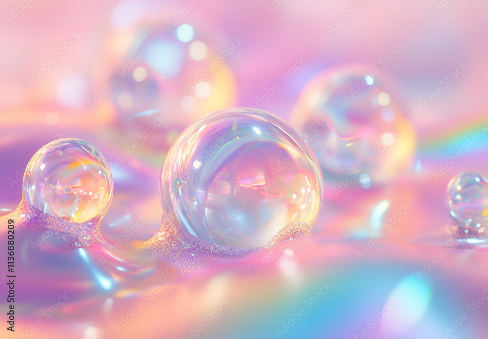 Holographic pastel background with iridescent bubbles and dreamy bokeh. Holographic pastel background with iridescent bubbles and dreamy bokeh.