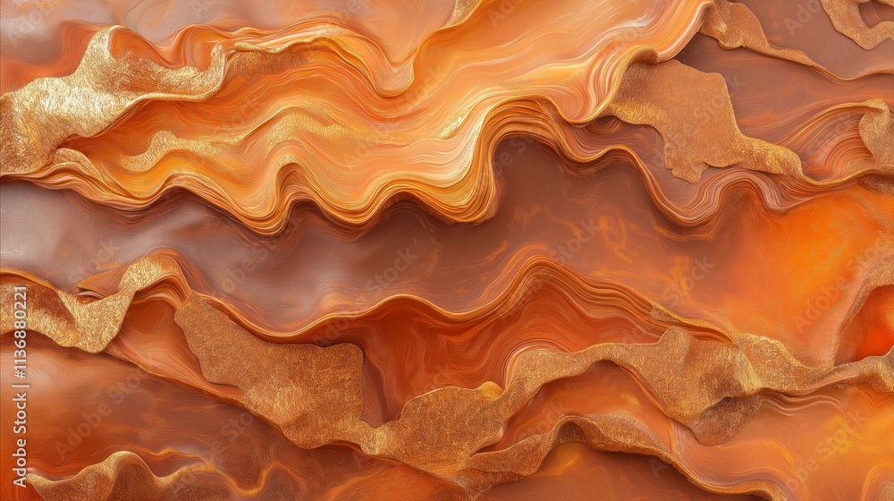 Reflective rusty orange fluid art with wavy metallic texture. Reflective rusty orange fluid art with wavy metallic texture.