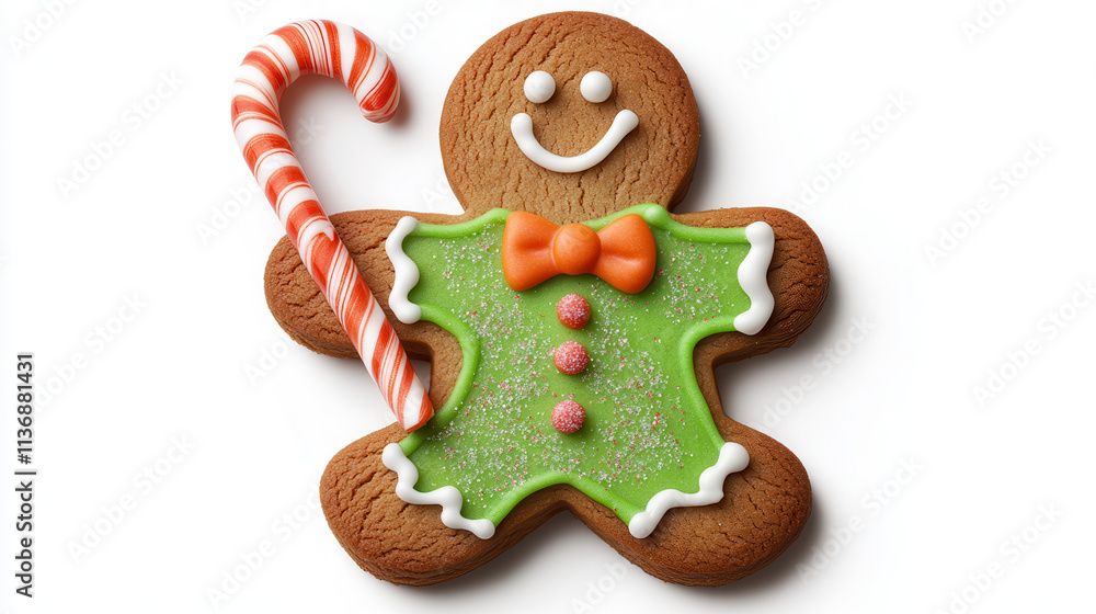 Obraz premium A festive gingerbread man holding a swirled candy cane, bright green icing with strawberry-pink accents, a deep golden-brown cookie body