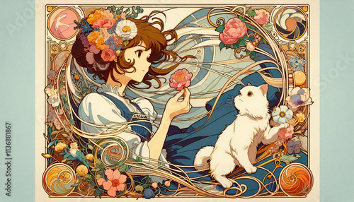 A cel-style illustration of a cat and a girl.generated by AI.
