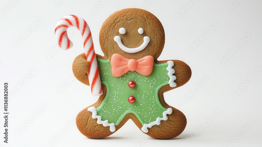 Naklejka premium A festive gingerbread man holding a swirled candy cane, bright green icing with strawberry-pink accents, a deep golden-brown cookie body