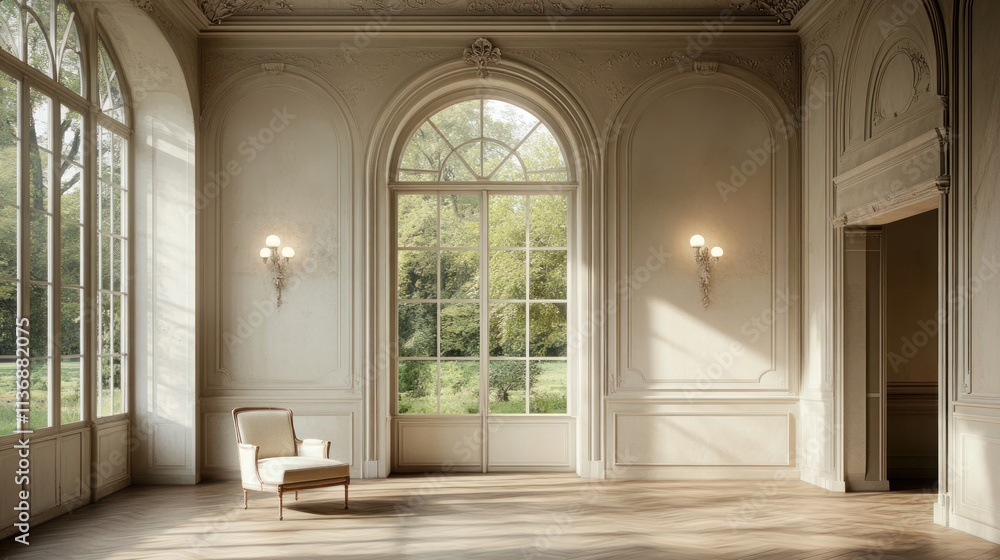 Sunlit elegant room with chaise lounge, arched windows, and hardwood floors. Sunlit elegant room with chaise lounge, arched windows, and hardwood floors.