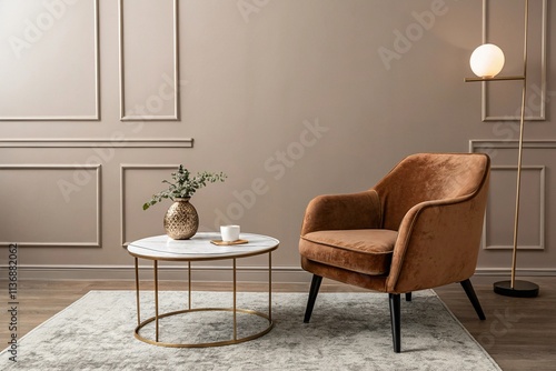 A minimalist living room with a brown velvet armchair, a round marble-topped coffee table, a simple floor lamp, and a textured rug. Color of the year 2025